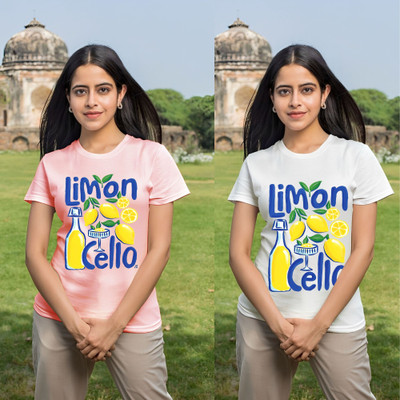 Parona Printed Women Round Neck Pink, White T-Shirt