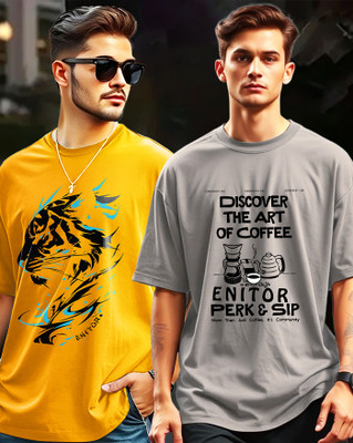 AOOSH Printed Men Round Neck Yellow, Grey T-Shirt