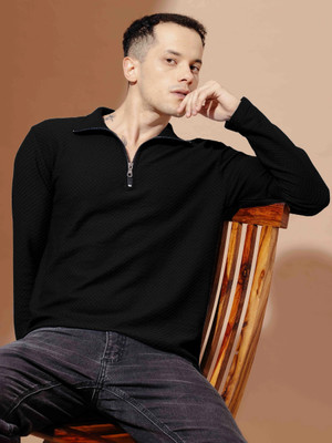 KAJARU Self Design Men Polo Neck Black T-Shirt