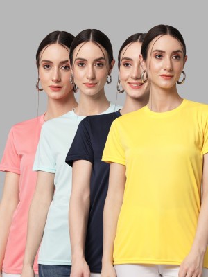 U Too Solid Women Round Neck Pink, Light Green, Navy Blue, Yellow T-Shirt