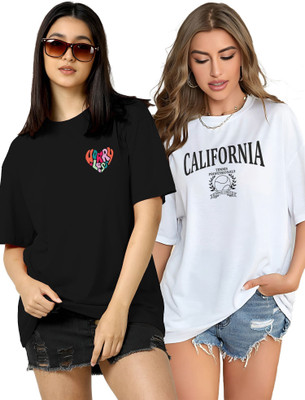 TQH Printed Women Round Neck Black, White T-Shirt