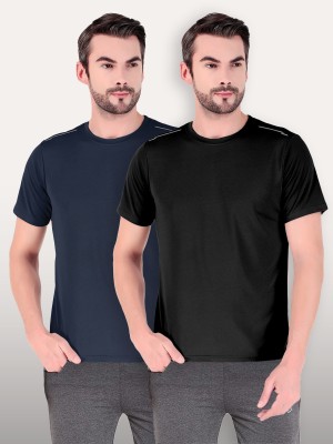 FREECULTR Solid Men Round Neck Navy Blue, Black T-Shirt