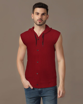 GEUM Solid Men Hooded Neck Maroon T-Shirt