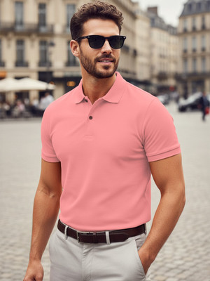Leotude Solid Men Polo Neck Pink T-Shirt