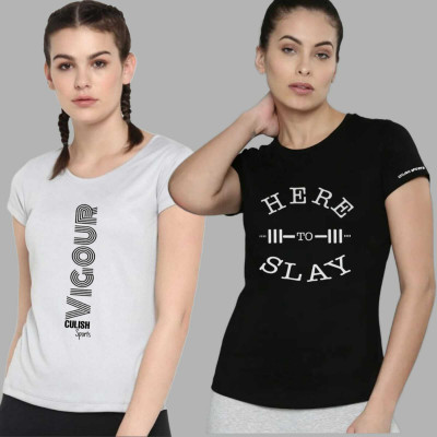 SPOWEARY Typography Women Round Neck Black, Grey T-Shirt