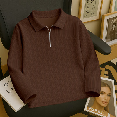 KAJARU Self Design Men Zip Neck Brown T-Shirt