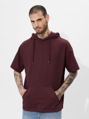 The Souled Store Solid Men Hooded Neck Maroon T-Shirt