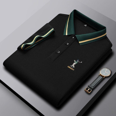 Kesar Collection Solid, Embroidered, Striped Men Polo Neck Black T-Shirt