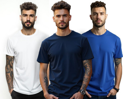 PrintingPixels Solid Men Round Neck Navy Blue, White, Dark Blue T-Shirt