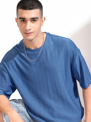 HIGHLANDER Self Design Men Round Neck Blue T-Shirt