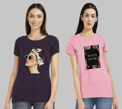 CHOZI Printed Women Round Neck Purple, Pink T-Shirt