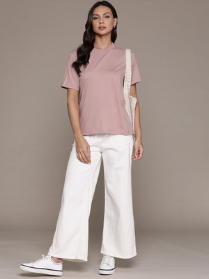 Roadster Solid Women Round Neck Purple T-Shirt