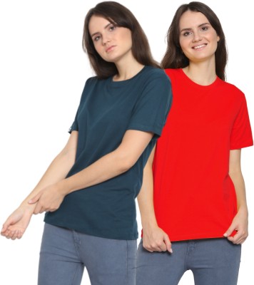 YouthPoi Solid Women Round Neck Dark Blue, Red T-Shirt