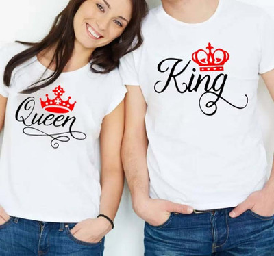 MAVAIGA Printed, Typography Couple Round Neck White T-Shirt
