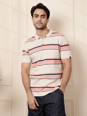 WROGN Striped Men Polo Neck White T-Shirt