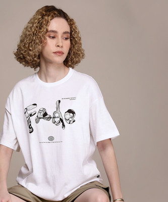 Roadster Printed Women Round Neck White T-Shirt