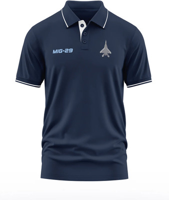 Warriorworld Printed Men Polo Neck Navy Blue T-Shirt