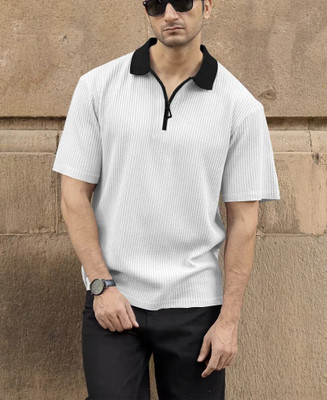 Starvy Self Design Men Polo Neck White T-Shirt