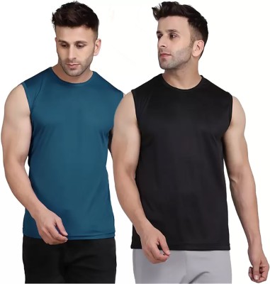 Think Tech Solid Men Round Neck Blue, Black T-Shirt