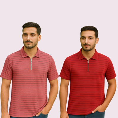 METRONAUT Striped Men Polo Neck Pink, Red T-Shirt