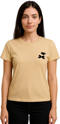 Buddy Collection Printed Women Round Neck Beige T-Shirt