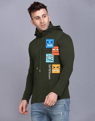 SLOWLORIS Printed Men Hooded Neck Dark Green T-Shirt