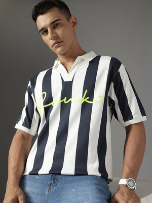 FCUK Striped Men Polo Neck White T-Shirt