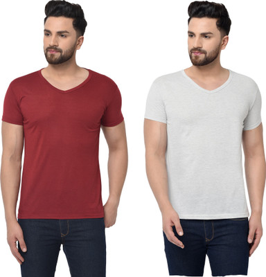 Adorbs Trend Solid Men V Neck Maroon, Grey T-Shirt