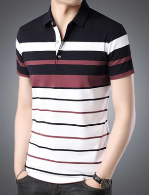 METRONAUT Striped Men Polo Neck Cotton Blend Pink T-Shirt For Rs. 199 @ 75 %