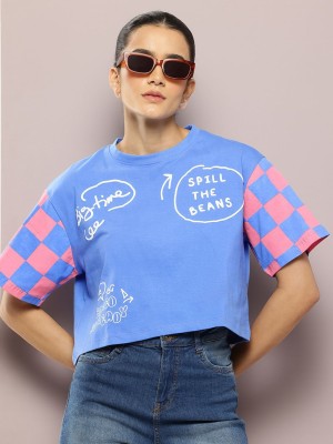 Kook N Keech Printed Women Round Neck Blue T-Shirt