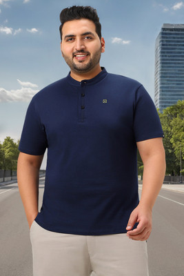 Urbano Plus Solid Men Mandarin Collar Dark Blue T-Shirt