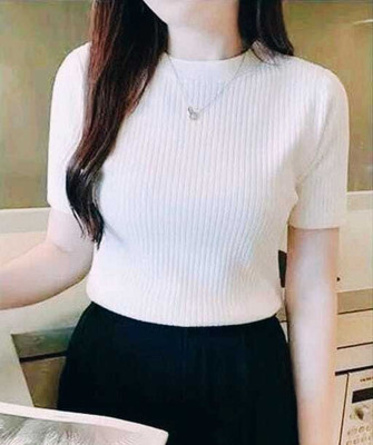 GYARASI Self Design Women Round Neck White T-Shirt