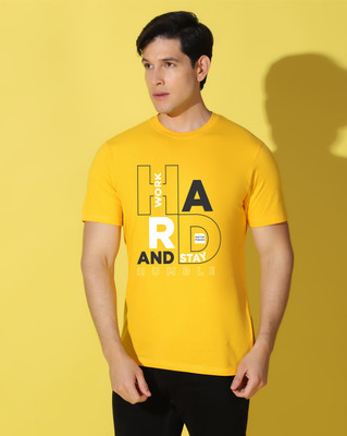WOOSTRO Printed Men Round Neck Yellow T-Shirt