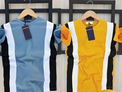 TEE TREE Colorblock Men Round Neck Dark Blue, Yellow T-Shirt