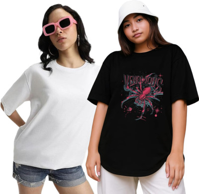 RS FASHION Printed, Solid Women Round Neck White, Black T-Shirt