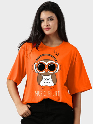 Diversify Printed Women Round Neck Orange T-Shirt