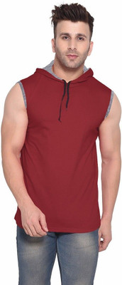 GEUM Solid Men Hooded Neck Maroon T-Shirt