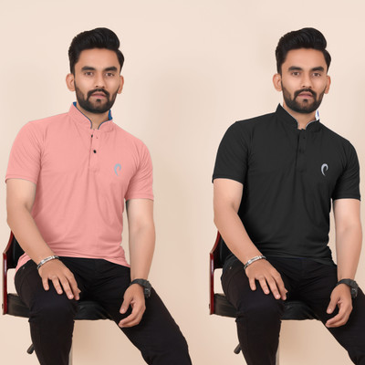 Pio Sports Printed, Solid Men Mandarin Collar Multicolor T-Shirt