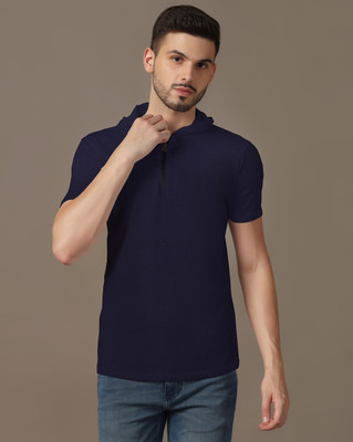 GEUM Solid Men Hooded Neck Navy Blue T-Shirt