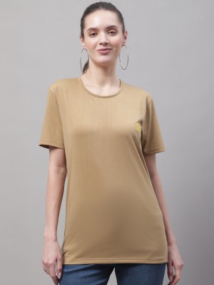 VIMAL JONNEY Solid Women Round Neck Beige T-Shirt