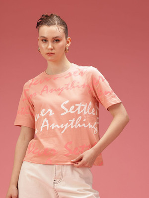 Dressberry Printed Women Round Neck Orange T-Shirt