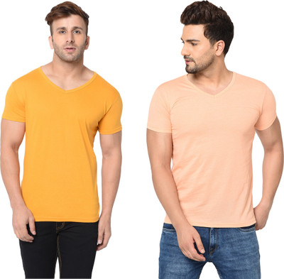 Tresna Trending Solid Men V Neck Yellow T-Shirt