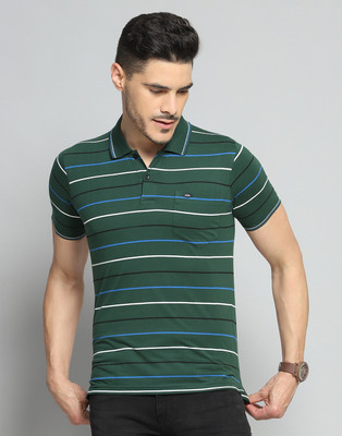 Cloak & Decker Striped Men Polo Neck Green T-Shirt