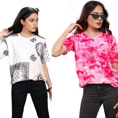 Apachee Printed Women Round Neck White, Pink T-Shirt