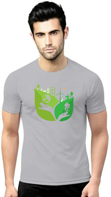 LV CARE Printed Men Round Neck Grey T-Shirt