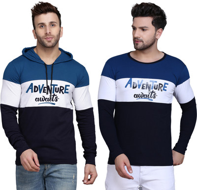 SLOWLORIS Printed Men Hooded Neck Dark Blue T-Shirt