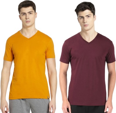 JOCKEY Solid Men V Neck Maroon, Yellow T-Shirt