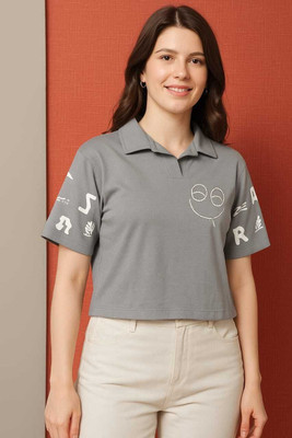 Jileba International Graphic Print, Printed Women Polo Neck Purple T-Shirt