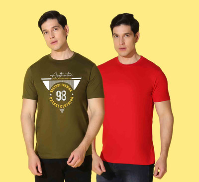 WOOSTRO Printed, Solid Men Round Neck Green, Red T-Shirt