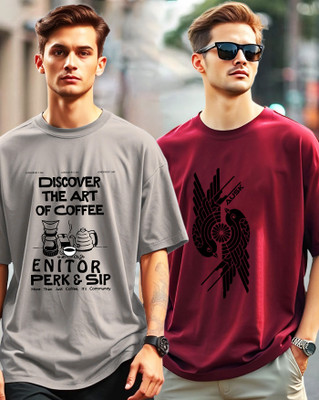 AUSK Printed Men Round Neck Grey, Maroon T-Shirt
